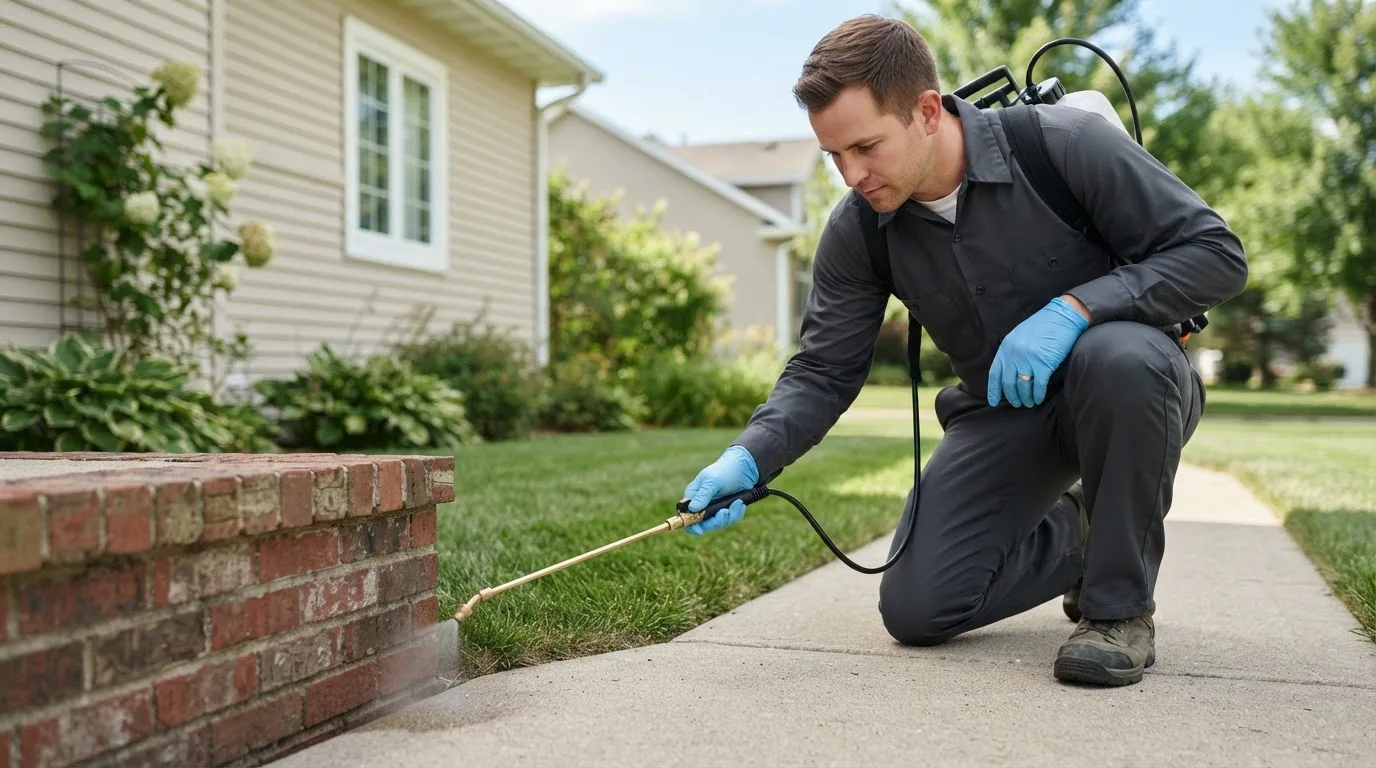 Pest control technician treating a home near Fremont, MO