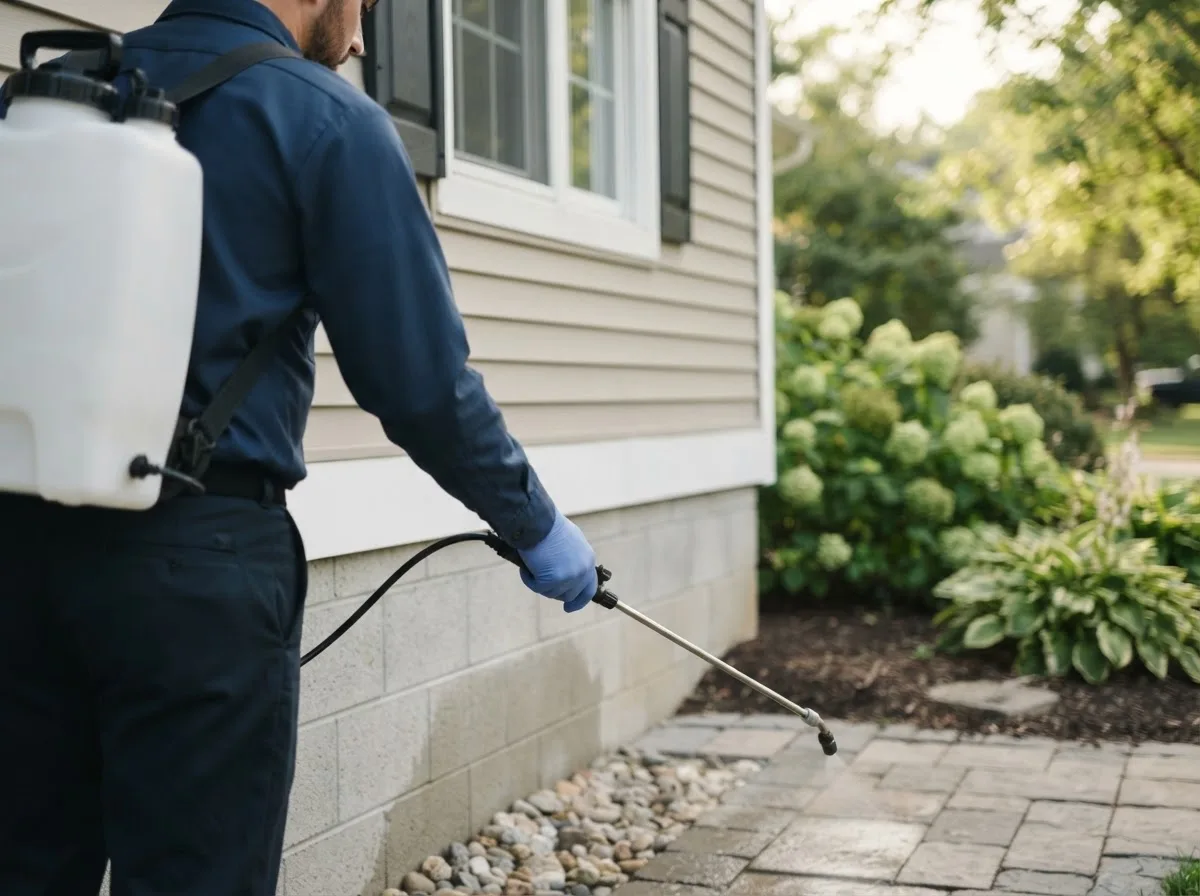 Pest control technician inspecting a home in Fremont, MO
